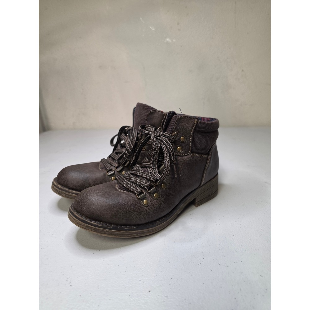 Sugar Womens Brown Lace Up Ankle Boots Plaid Lined Star Tread Size 6.5